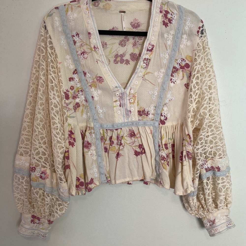 Free People Peach Embroidered Peasant Blouse